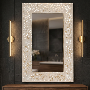Framed <b>Rectangular</b> <b>Mirror</b> With Floral Shell Inlay Hollywood Glam Wall Mount For Bathroom - Product Image 1