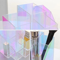 Organisateur de maquillage en acrylique irisé en gros avec plusieurs compartiments pour le rangement des cosmétiques et support pour pinceaux de maquillage