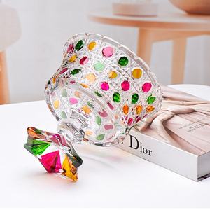 Cuenco de Cristal Decorativo de Mesa con Base Alta, Diseño de Diamantes, Pintado a Mano con Puntos Coloridos, Gran Copa de Cristal para Dulces, Frutas y Aperitivos - Product Image 5