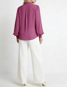 Chemise à manches longues pour femmes ALBBIA010, col classique, boutonnage intégral, manches bishop, ample, volumineuse, été, ODM, vintage - Product Image 2