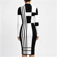 Robe moulante mi-longue à col montant et manches longues, en tricot côtelé rayé color block, élégante pour femme, automne, bureau, OEM ODM