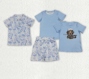 Conjunto de Ropa de Caza para Bebés Hermanos, Camiseta Polo Azul Claro con Estampado de Perros y Bolsillos, Pantalones Cortos - Product Image 1