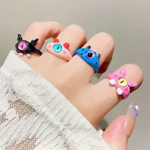 SC 2024 cincin jari terbuka kucing kecil Monster pribadi cincin jari kucing warna Macaron Resin kartun wanita anak perempuan