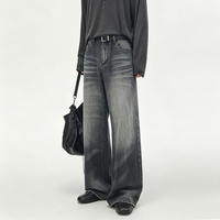Pantalon en jean noir et gris style rétro américain, coupe ample, épais, délavé, effet usé, tendance, décontracté, jambe droite et large