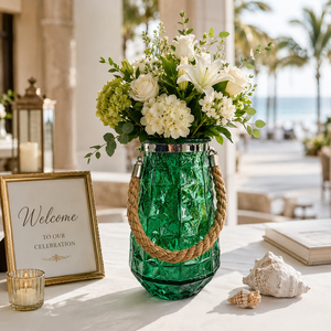 <span class=keywords><strong>Grand</strong></span> <span class=keywords><strong>vase</strong></span> à fleurs en verre texturé avec poignée en corde pour la décoration intérieure, les événements de mariage, les hôtels, les fleuristes et les collections de cadeaux de détail - Product Image 1