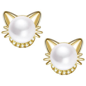Pendientes bonitos con forma de gato para mujer, chapados en oro blanco, perlas de imitación, joyería de regalo, aleación chapada en plata, diseño de dibujos animados - Product Image 6