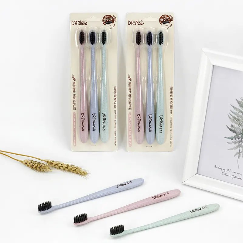 Wholesale Biodegradable Eco Friendly Plastic Custom Logo Charcoal Wheat Straw Toothbrush
