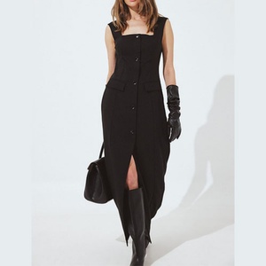 Nouvelle robe longue sans manches pour femme, col carré, coupe ajustée, fermeture à boutons, taille cintrée, fente latérale, pour femmes - Product Image 1