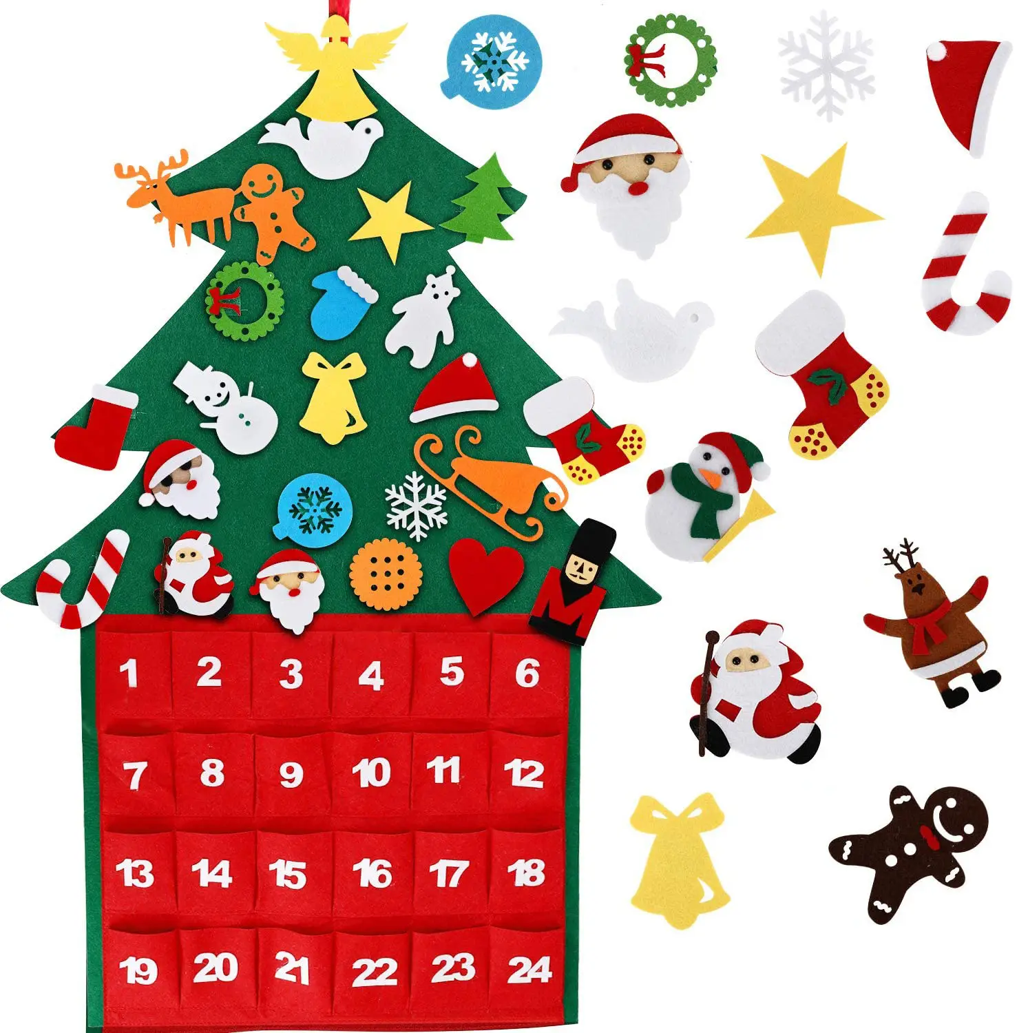 Árbol de Navidad de fieltro artesanal con 24 adornos, calendario de cuenta regresiva de Navidad