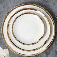 Ensemble d'assiettes à dîner en céramique avec bordure dorée de luxe, vaisselle en porcelaine électro-plaquée pour mariage, hôtel, restaurant, vaisselle en gros