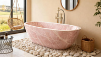 YUSHI Design moderne marbre rose pierre naturelle baignoire autoportante fonction de trempage avec égouttoir pour hôtels et salle de bain de luxe