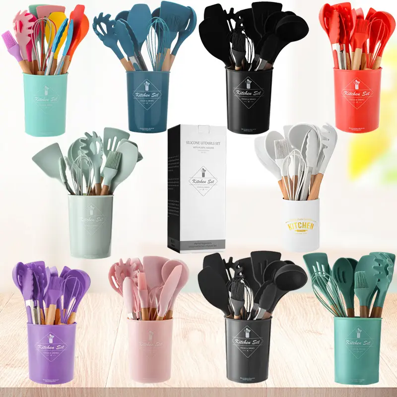 Colorful household rose gold silicone kitchen utensils set 12 piece rose gold silicone kitchen utensils set