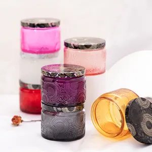 Kleurrijke Patroon Geur 10Oz Unieke Glazen Kaarsenpot Container Metalen Blik Met Deksel Lege Ronde Kaarspotjes Gerecycled