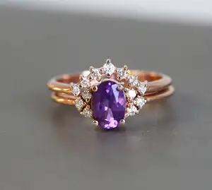 Purple Natural Gemstone Ring Bridal Set S925 Oval Amethyst With CZ Wishbone Engagement Rings Wedding Promise Bridal Band