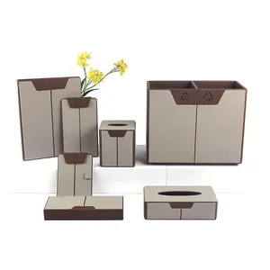 Factory hot sale PU Leather Texture Trash Cans Waste Paper Basket luxury leather hotel supplies set with PU tissue box