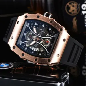Custom Rose Gold Alloy Silicone Watch Men Wrist Skeleton Iced Out Dial Luxury Male Reloj Automatic Date Minimalist Quartz Watch