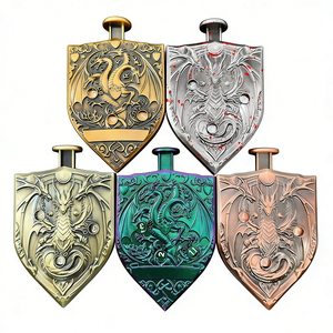 Offre Spéciale : 5 dés de style bouclier tendance avec motif dragon gravé, dés en métal à pression pour jeux de rôle RPG et D&D - Product Image 1