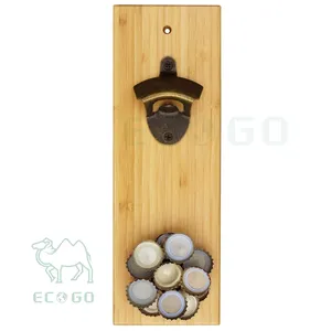 Abridor de botellas de oso creativo con logotipo personalizado de bambú, montaje en pared de madera grabado con tapa magnética para cocina, bar o restaurante