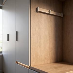 Armario Moderno y Elegante con Puertas Corredizas de Madera Clara, con Rincón de Almacenamiento Integrado e Iluminación LED Cálida - Product Image 4