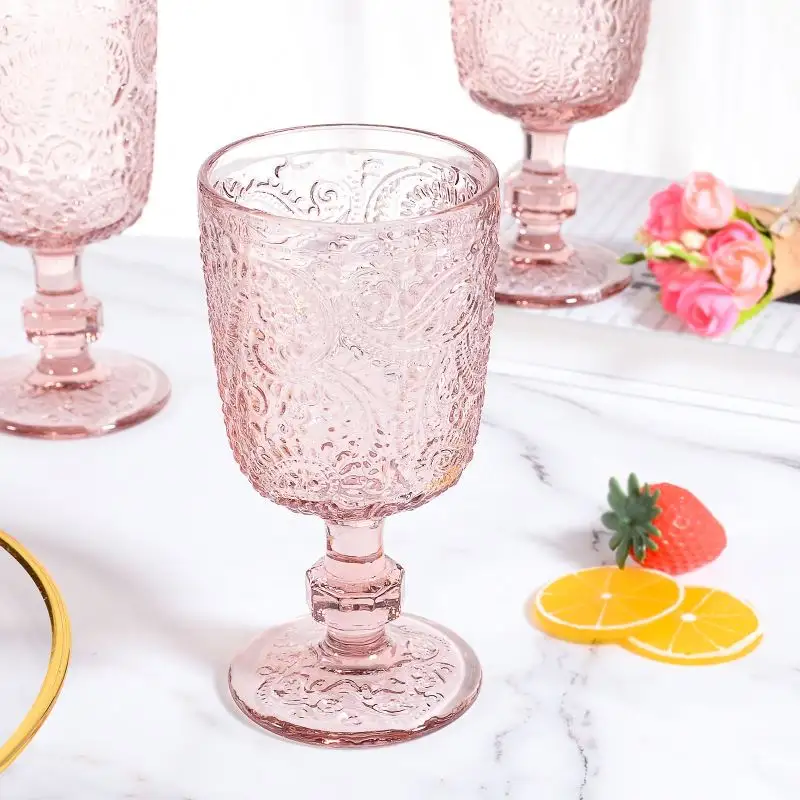 Verre à vin rouge gaufré vintage mexique personnalisé en gros, verres à vin gobelet de couleur rose pour mariage