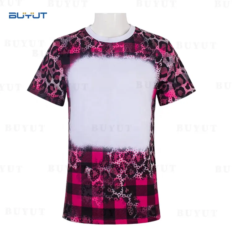 BUYUT Unisex Plaid Pattern Red Tie Dye Bleach Print Pattern T-Shirt Sublimation Blank Faux Bleached Polyester Tshirts