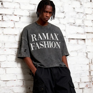 Camiseta Corta Personalizada de Gran Tamaño, Estilo Urbano, Gráficos Distressed, Pedrería, 100% Algodón, Lavado Ácido Vintage, Alta Calidad - Product Image 1