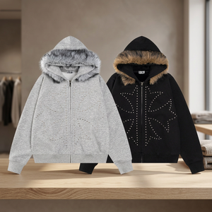 Sudadera con capucha personalizada para hombre, estilo vintage, informal, holgada, brillante, con pedrería, con cremallera, de forro polar, estilo urbano Y2K, cálida, con ribete de piel - Product Image 3