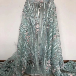 Encantador 3d pluma de encaje con perlas de dubai de diamantes de imitación bordado guangzhou tela textil - Product Image 3