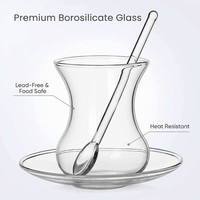 Ensemble de tasses à thé turques en verre borosilicate de haute qualité avec soucoupe et cuillère, 170 ml, résistant à la chaleur, passe au micro-ondes et au lave-vaisselle, design moderne transparent