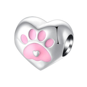 Abalorio de Plata S925 con Forma de Corazón y Huella de Pata de Mascota, Esmalte Rosa, para Amantes de Perros y Gatos, Joyería para Pulsera de Mujer, Regalo - Product Image 1