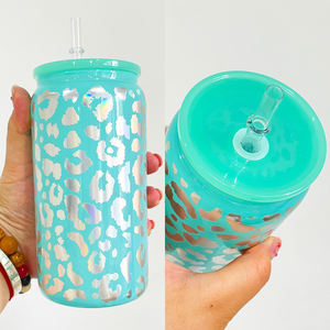 Decalcomania avvolgente in vinile bicchiere in vetro leopardato riciclabile da 16 once con coperchio e cannucce bicchieri per bere shinny con stampa leopardata ghepardo - Product Image 2