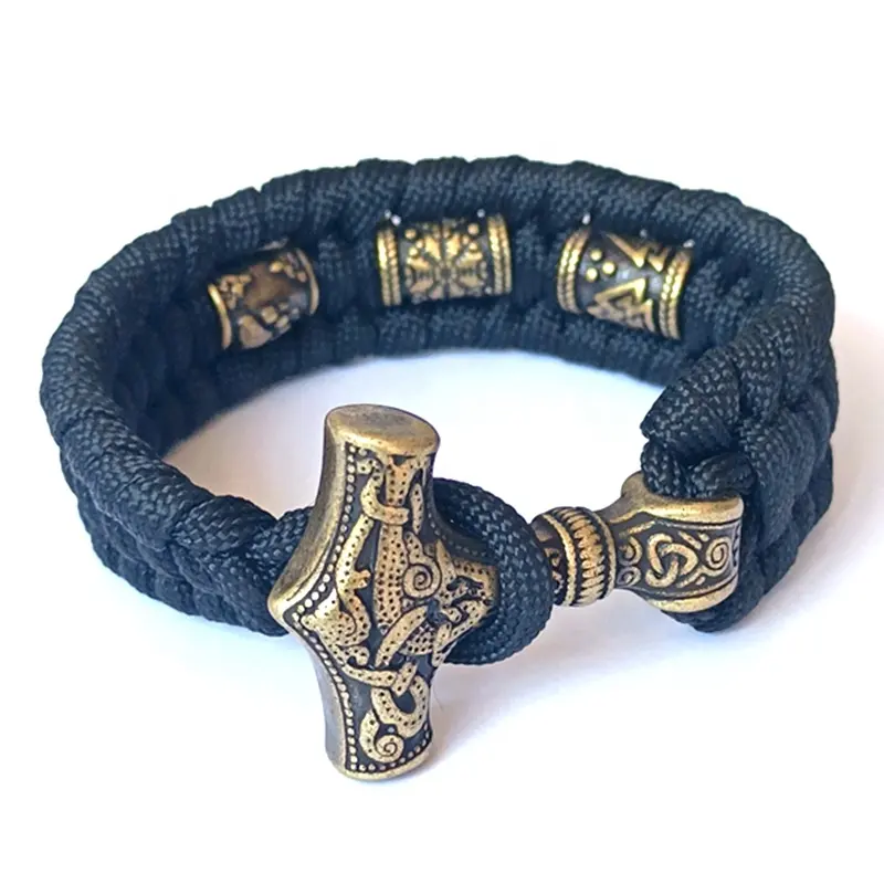 Antike Bronze Edelstahl Thors Hammer Armband Viking Rune Perlen Paracord Cord Armband Herren Mjolnir Armband