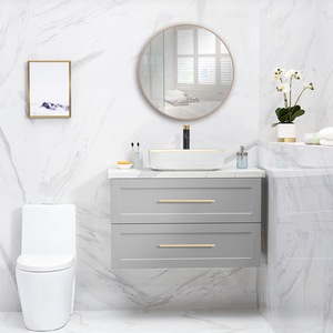 Modern minimalist <b>floating</b> bathroom vanity white sink and round mirror hanging cabinet - Product Image 2