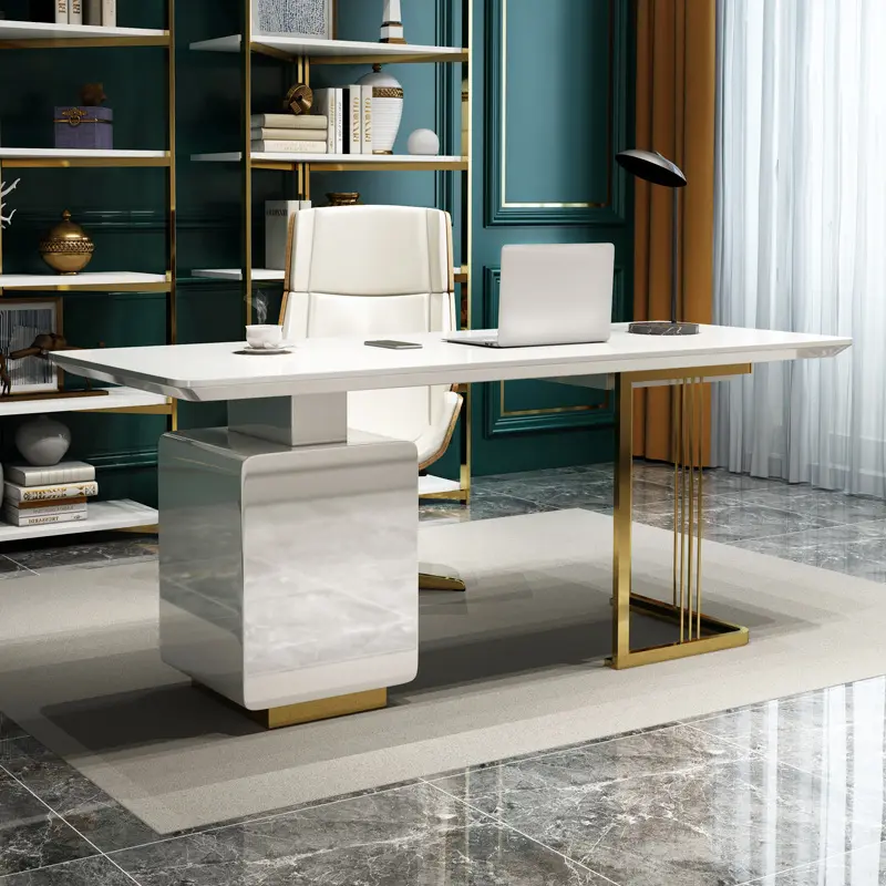 Muebles de oficina de acero de diseño elegante, escritorio acrílico, superficie sólida, mesa de ordenador de oficina, blanco