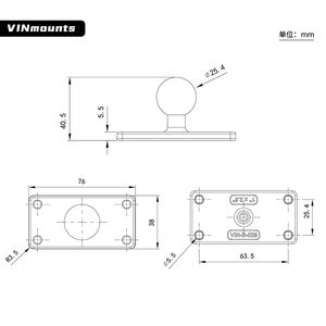 VINmounts support tête sphérique 1 pouce, base carrée25.5*63.5mm avec trous pour montage dispositif aluminium VIN-B-028 - Product Image 2