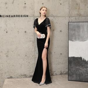 18110 # velours perle pièce perceuse chaude queue de poisson Banquet élégant tempérament réunion annuelle présidé fête longue robe - Product Image 3