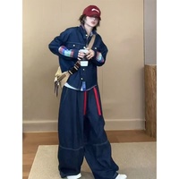 Ensemble 2 pièces en jean pour femme : Chemise à carreaux avec poignets contrastants et Jean large rouge à cordon de serrage – Style streetwear