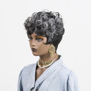 Parrucche capelli umani capelli grigi Pixie taglio naturale nero misto grigio parrucca Pixie con frangia - Product Image 3