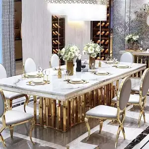 Muebles de lujo de alta calidad, mesa de comedor moderna de lujo, juego de mesa de comedor italiano, mesa de comedor de metal con tapa de mármol