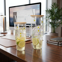 Verre à motif en borosilicate avec poignée, tasse à café glacé avec couvercle en bambou et paille en verre, jolie tasse à eau florale