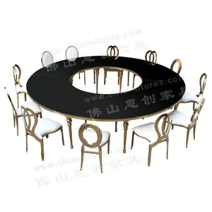 Decorazione di cerimonia nuziale di vetro tavolo e sedia set, evento ristorante di lusso mezza luna metallico a base di partito tavolo da pranzo in acciaio inox