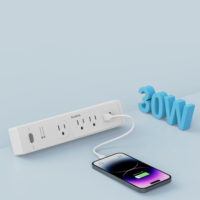 3 AC prizli, masa klipsiyle takılabilen, LED ışıklı, aşırı gerilim ve topraklama korumalı priz çoklayıcı, 2 USB hızlı şarjlı priz çoklayıcı