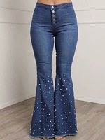 Jeans évasés taille haute personnalisés pour femmes, motif sérigraphié, perles et cristaux, pantalon en denim, vente en gros OEM
