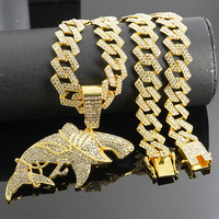 Collar con Colgante de Tiburón con Incrustaciones de Diamantes de Imitación en Cadena Cubana, Oro y Plata, para Hombres y Mujeres, Joyería Marina Hip Hop, Regalo