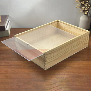 Solid Wood Storage Box Rectangle Pine Wood Acrylic Lid Natural Color <b>Drawer</b> Style Organizer - Product Image 2