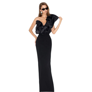 <span class=keywords><strong>Abito</strong></span> da sera aderente a fascia da donna Sexy <span class=keywords><strong>monospalla</strong></span> con bordo arricciato <span class=keywords><strong>nero</strong></span> senza maniche con volant a schiena bassa e schiena - Product Image 4