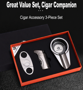 Ensemble cadeau trois pièces pour cigares : Ciseaux à cigares, Briquet, Cendrier, Coupe-cigares tranchant, Pinces à cigares, Kit d'accessoires pour cigares pour hommes, Boîte cadeau - Product Image 1