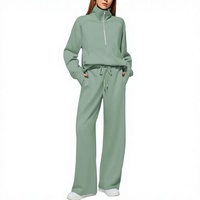 Ensemble décontracté deux pièces pour femme, style européen et américain, 2026, couleur unie, sans col, sweat-shirt oversize à demi-zip et pantalon de survêtement large