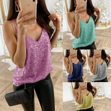 Top en satin de soie vintage pour femmes, taille plus, une bretelle spaghetti, paillettes brillantes, col halter, sans manches, tricot d'été - Product Image 2