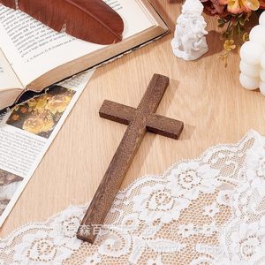 Adorno de Cruz de Madera para Escritorio, Madera Maciza Marrón, Decoración de Pascua para Interiores - Product Image 1